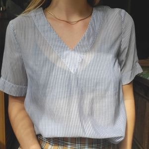 Semi-Sheer Blue & White Pin Stripe V-Neck Blouse 😗